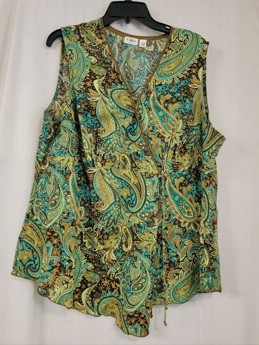Cato Teal & Brown Paisley Sleeveless V-Neck Blouse with Front Tie